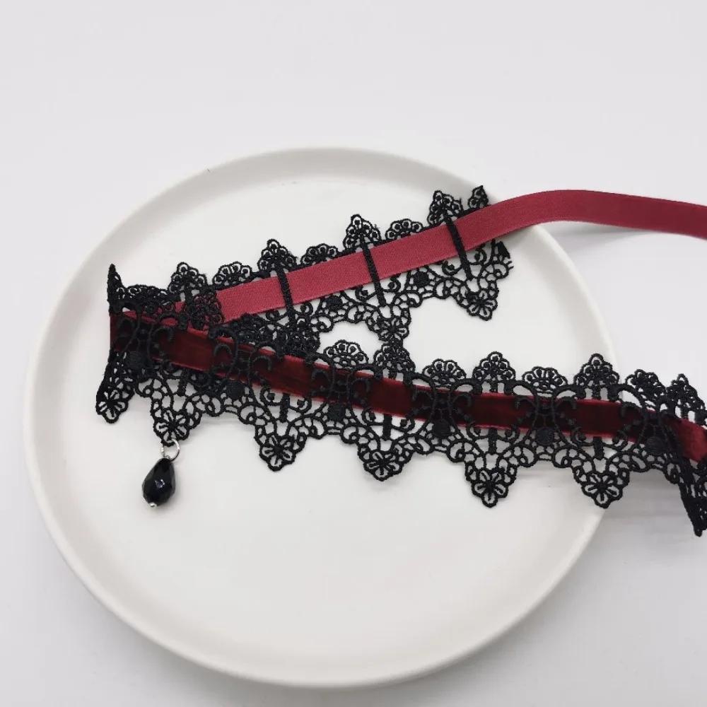 Charm Retro Black Lace Wine Red Velvet Tie Choker Black Teardrop Tassel Necklace for Women Christmas Neck Ornaments Jewelry Gift