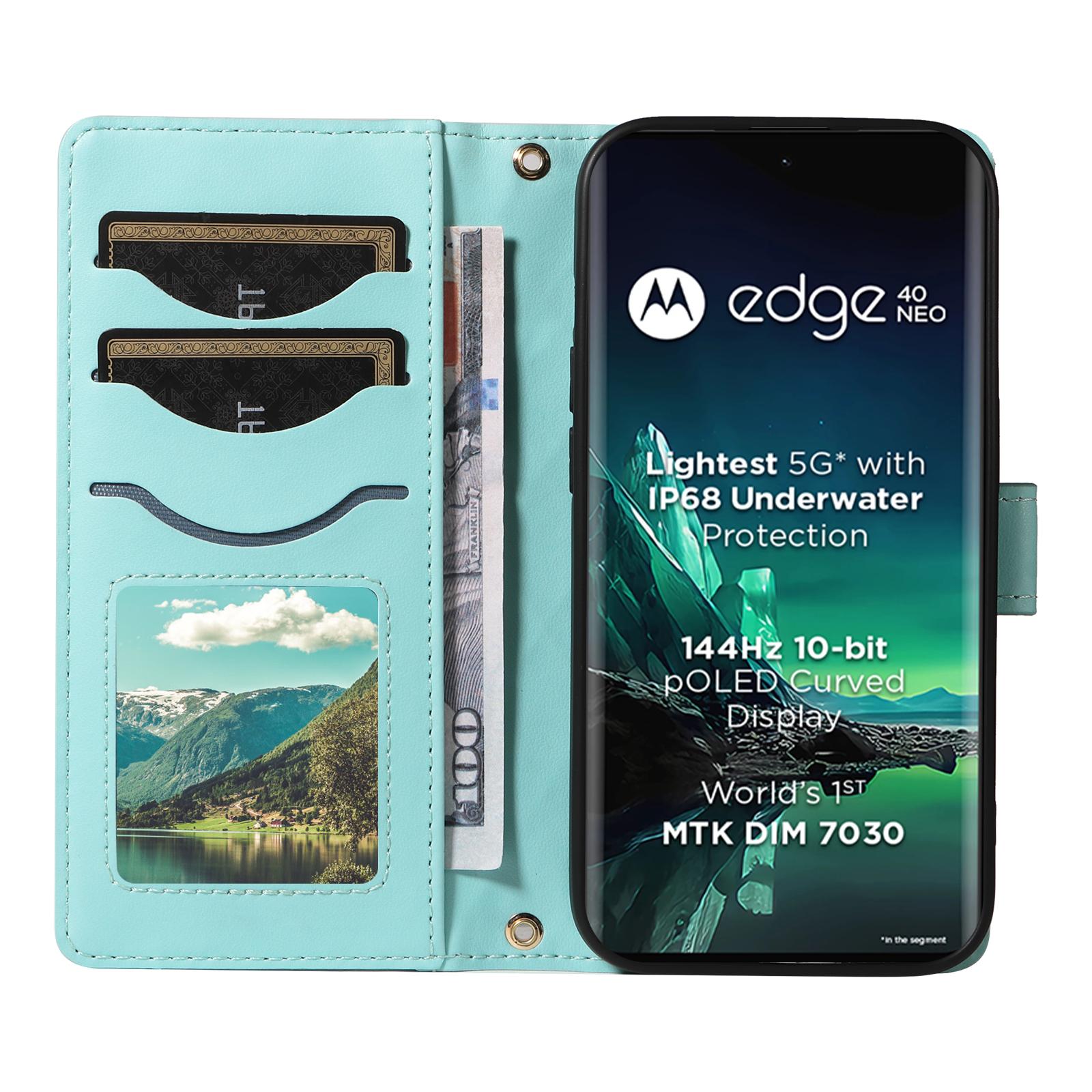 

For Motorola Edge 40 Neo 5G Case Wallet Rhombus Leather Phone Cover with Shoulder Strap,Wrist Strap Green