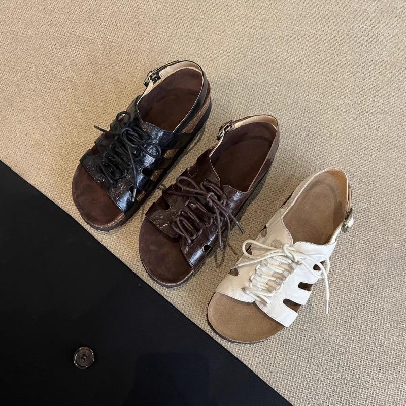 Fashion 2025 New Real Leather Sandals for Men Women Summer Casual Roman Handmade Cork Flat Slipper Platform Cross Lace Zapatos De Mujer