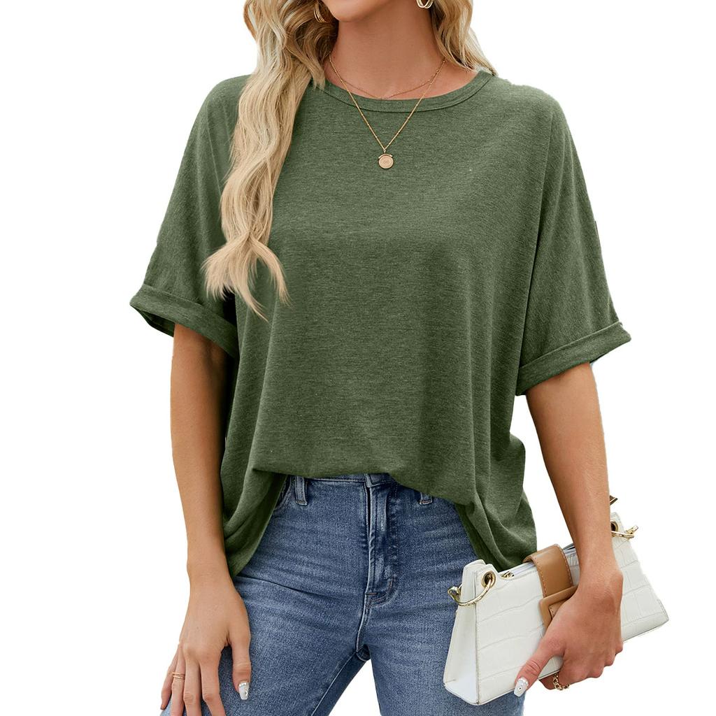Summer New Solid Color Round Neck Large Size Loose Short Sleeve