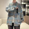 Unisex American Retro Blue Plaid Shirt: Casual, Loose-Fit, Spring/Autumn Style.