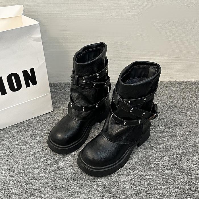 Maillard Trouser Boots 2025 New Retro Round Head Niche Design Medium Tube Boots Rivet Knight Boots