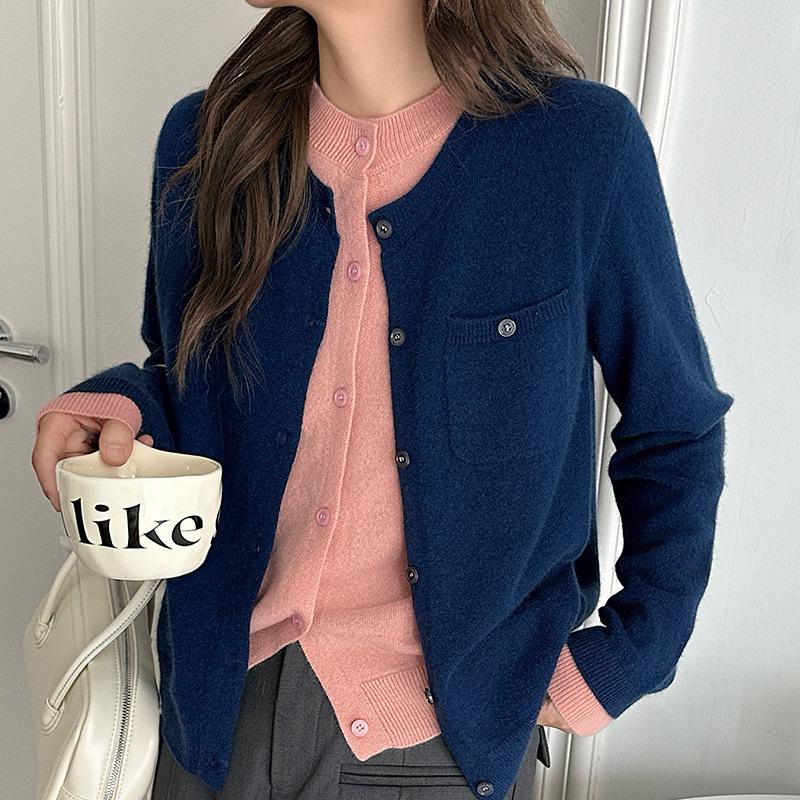 Round Neck Double-Layered Wool Cardigan for Women, 2024 Autumn/Winter Style, Knitted Cashmere Sweater Coat