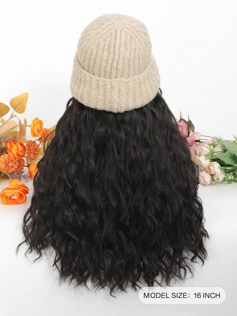 Synthetic Knitted Hat Wig For Women Long Wavy 16inch Black-brown Hair Warm Soft Knitted Autumn Winter Cap Heat Resistant Wig