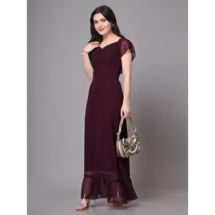 Women Maxi Wine Long Short Sleeves Dress Party Wear Top Georgette Kurta Dress VF-1872c