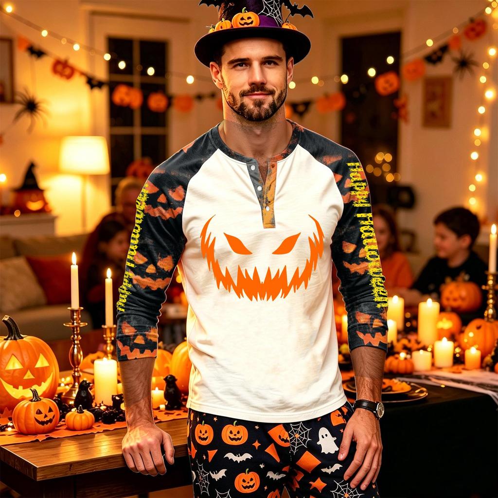 Men's Long Sleeve Shirt with Halloween Print for Holiday Parties and Casual Wear