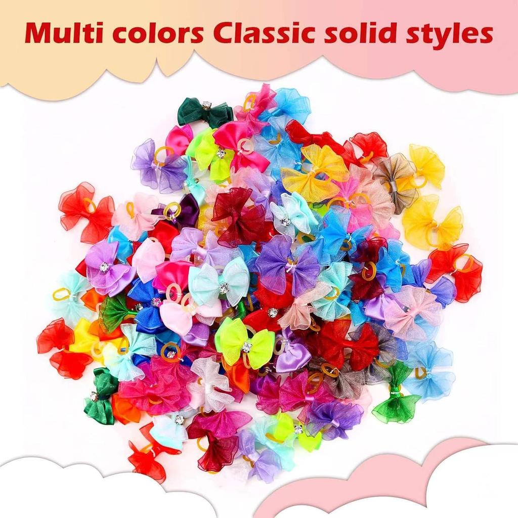 60PCS Pet Hair Bows, Puppy Dog Bows with Rubber Bands, 20pcs with Drills and 40 pcs Pure Yarn Handmade Pet Hair Grooming Attachments with Rubber