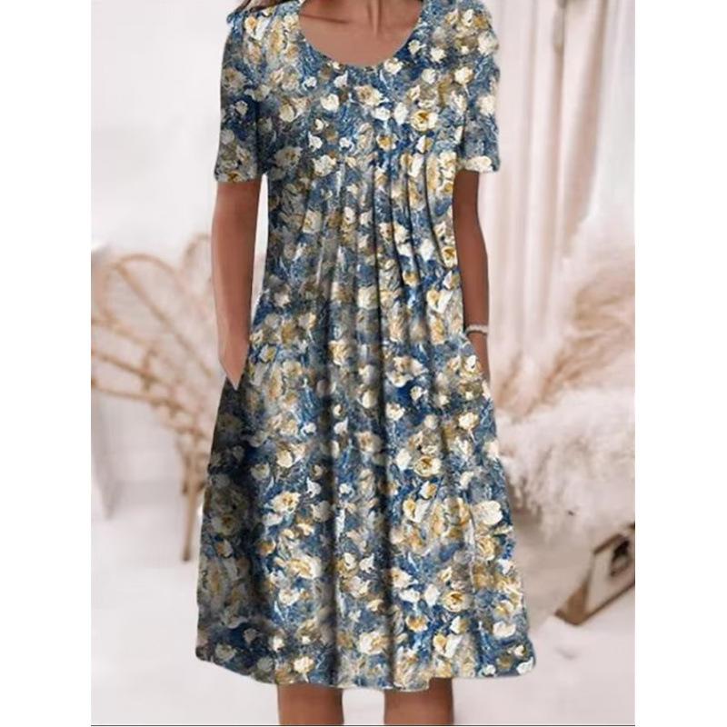 Abiti casual a vita alta con scollo a maniche corte e stampa floreale primavera-estate moda donna