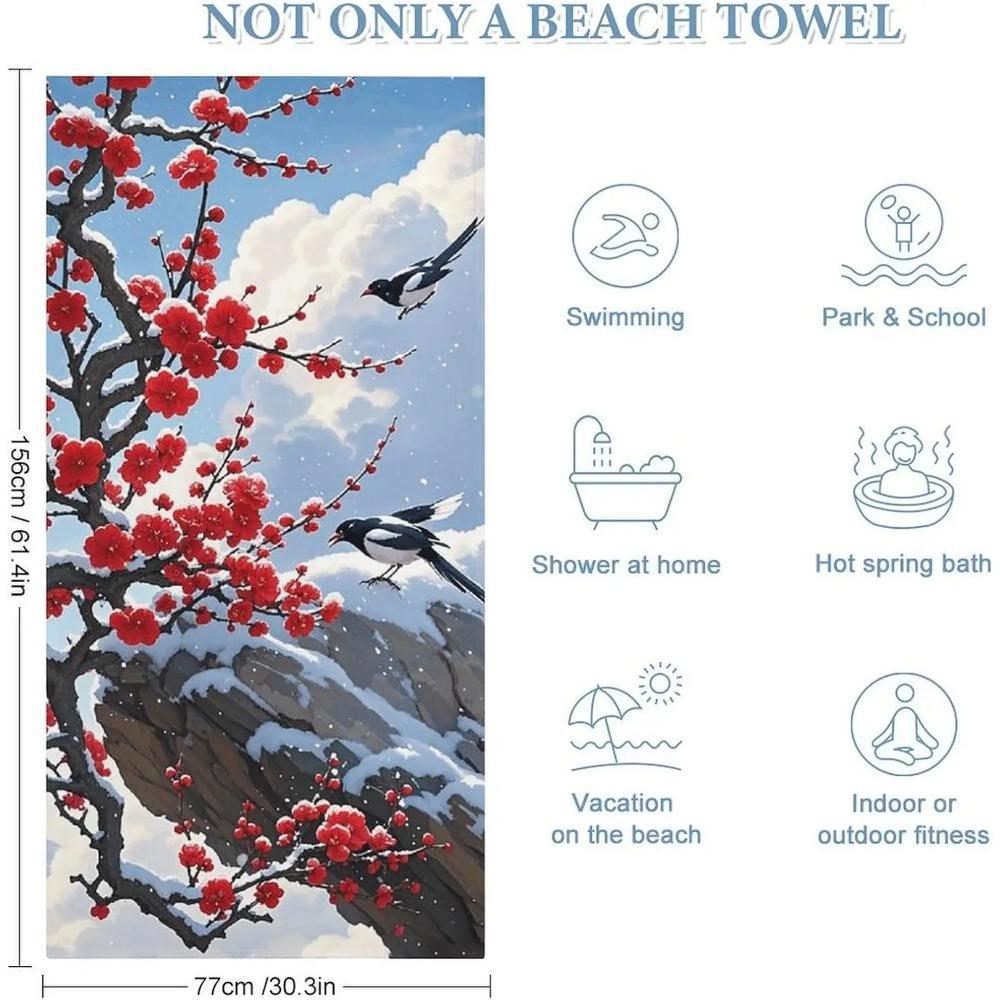 Artistic Winter Plum Blossom Beach Towel, Ink Floral Quick Dry Absorbent, Lightweight Sand Free Travel Pool Spa Essentials