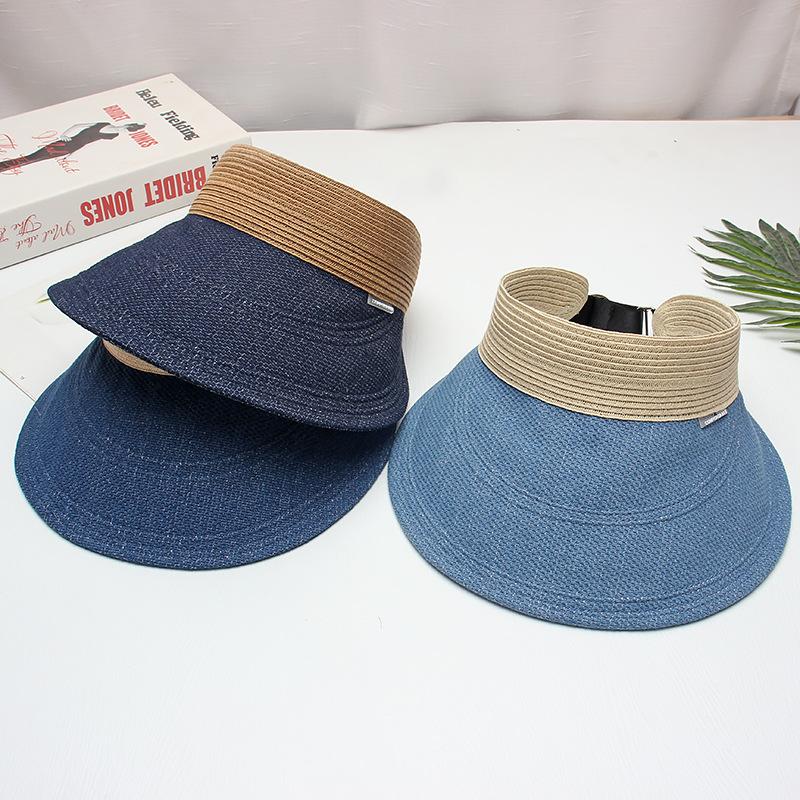 New empty top hat women's summer denim straw woven versatile wide brim face small visor fashionable sunscreen hat