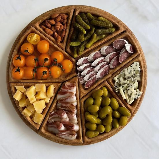 Wood Serving Tray Divided 8-Section Snack Dessert Platter Food-Grade Safe Round Serving Plate for Appetizers Nuts Dips Picnic