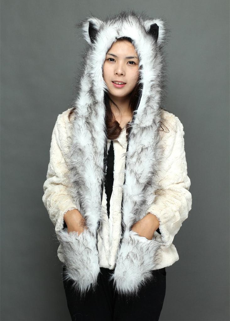 Favorable Price Faux Fur White Wolf Cat Ear Hooded Scarf Hat Plush Animal Ear Hat with Scarf for Cosplay Halloween