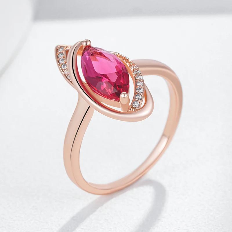 Elegant Geometric Design Pink Zircon Rings Glossy Golden Micro Inlay White Zircon Women Rings Wedding Party Costume Jewelry