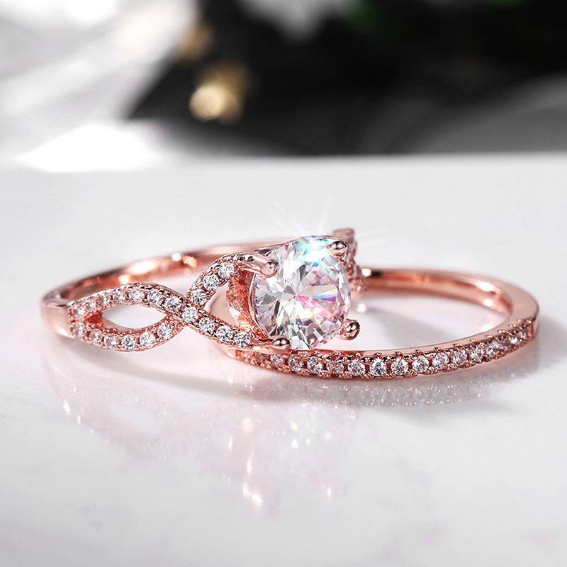 Set de inele dublu stivuibile de culoare aur trandafir nou, accesorii chic pentru femei, zirconiu complet, bijuterii de petrecere pentru femei, inele estetice 2 buc.