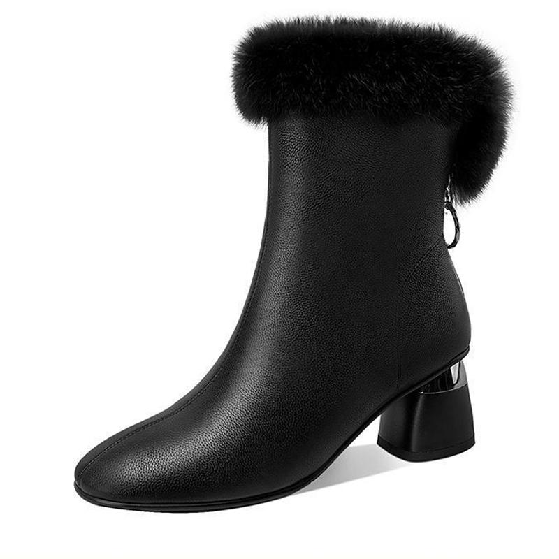 New Women's Leather Fleece Boots, Winter Suede Lined Boots, Mid-Heel Women's Leather Boots, Chunky Heel Mom Boots