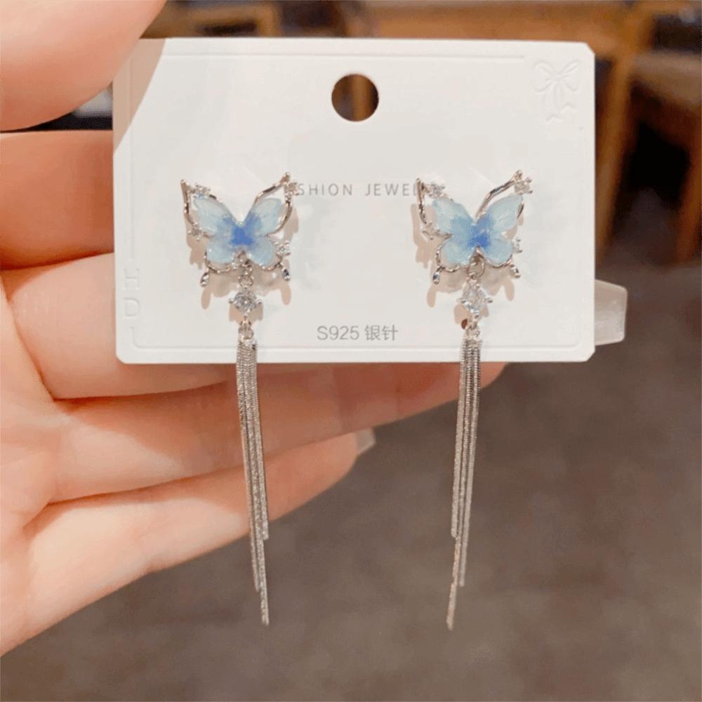 Gold Plated Butterfly Tassel Drop Earrings Shiny Zircon Stud Earrings  for Women