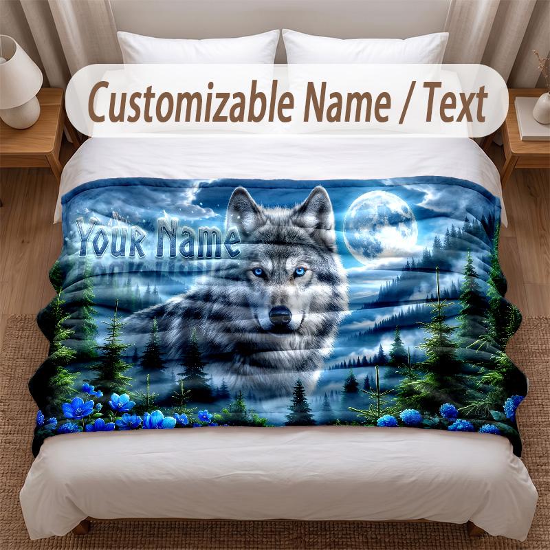Wolf Theme Soft Blanket Personalized Custom Name Text Print Warm Blanket Home Sofa Bedroom Decor