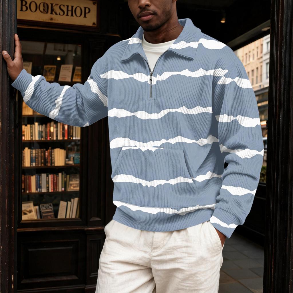 Men's Retro Printed Corduroy Long Sleeve Collared Casual Top with Pocket