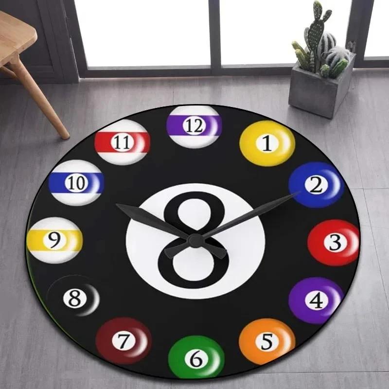 Billiard Clock Print Round Carpet Soft Area Rug for Bathroom Bedroom Living Room Doormat Gaming Chair Decor Non-Slip Floor Mat