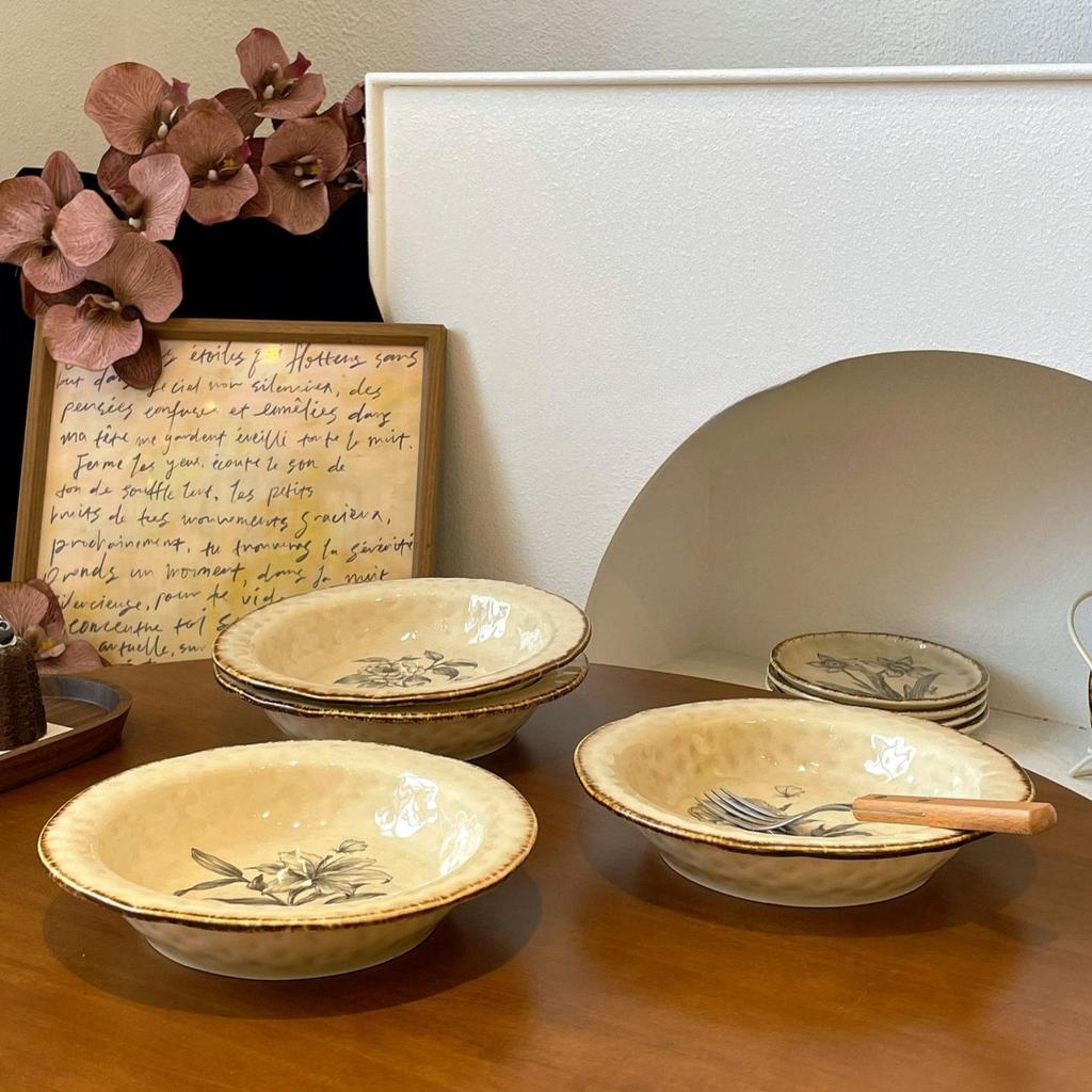 Japanese Straw Hat Plate Retro Floral Deep Pasta Dish Western Dinner Plate Creative Salad Dessert Plate