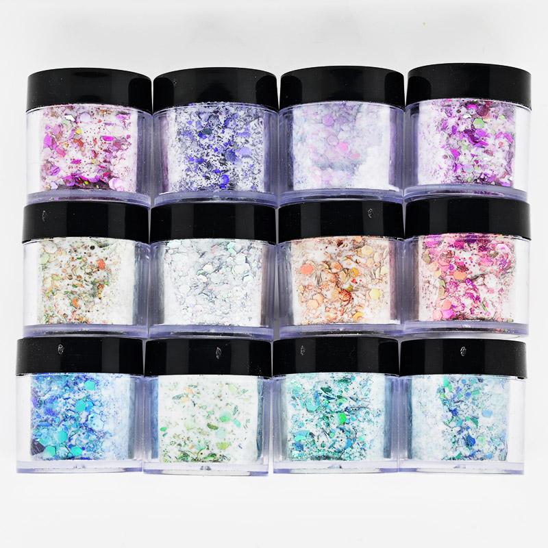 

12 шт./компл. акриловая пудра с массивными блестящими блестками хлопьями хамелеона 3 в 1 для акрилового наращивания ногтей, резьба по дизайну ногтей Decoratio