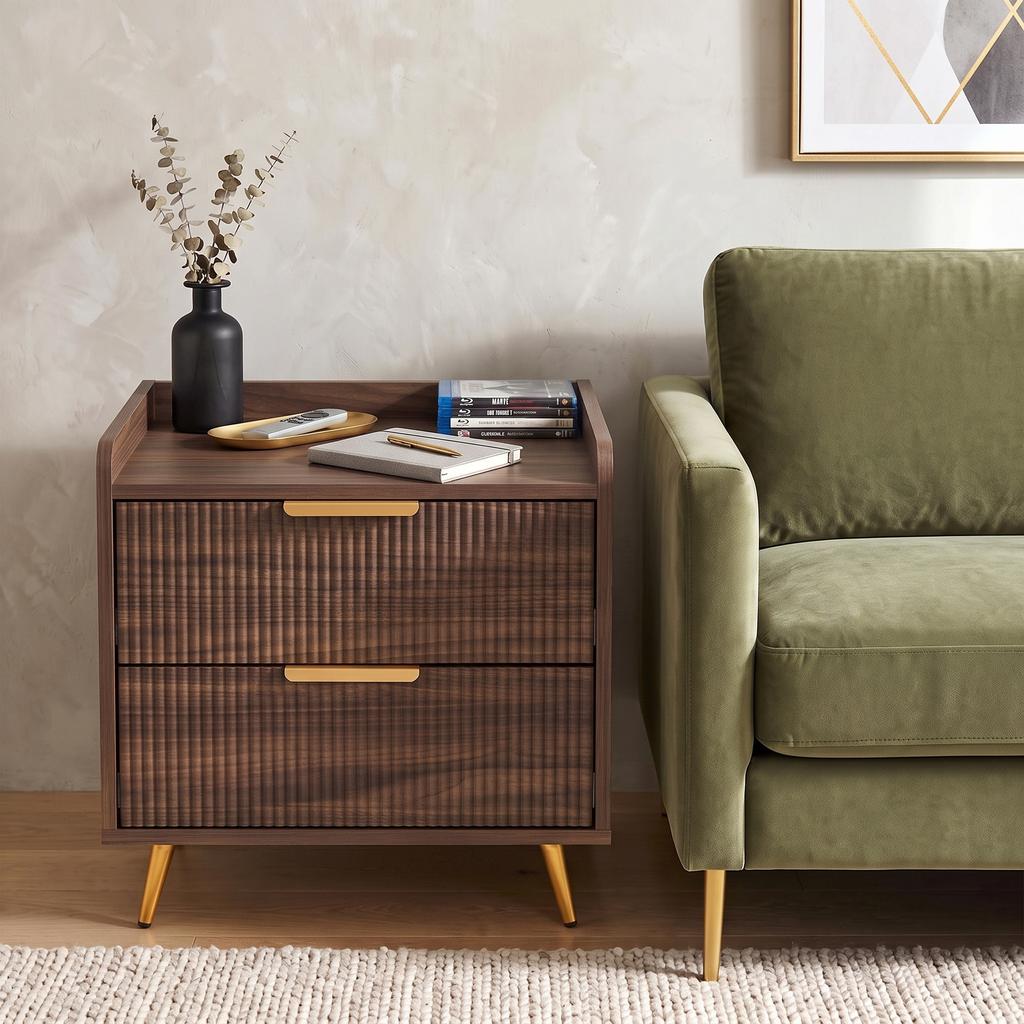 Bedside Table Cabinet with 2 Drawers Metal Legs Walnut Brown
