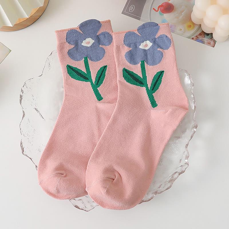 

Хлопковые женские носки Повседневные Дышащие Японский Корейский стиль Мультяшные Цветочные Конфетные цвета Женские носки средней длины розовый