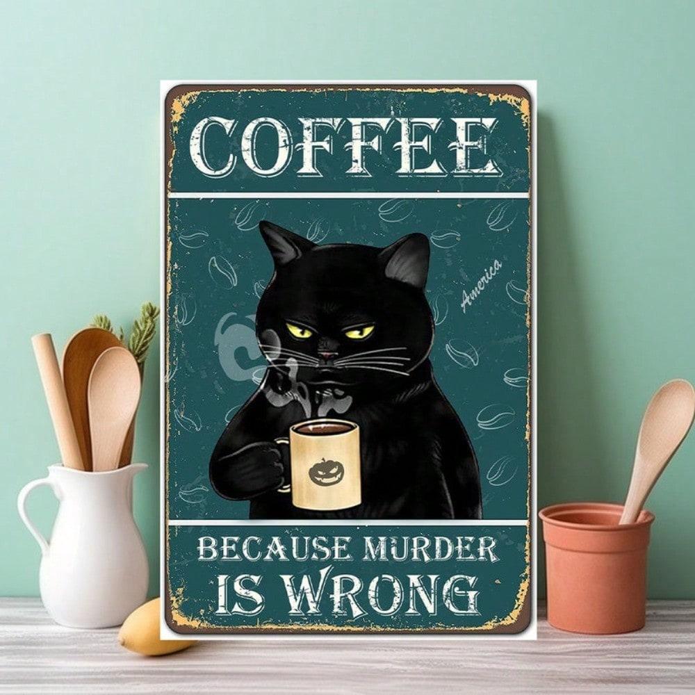 Vintage Metal Tin Sign Funny Cat Coffee Retro Wall Art Home Bar Decor