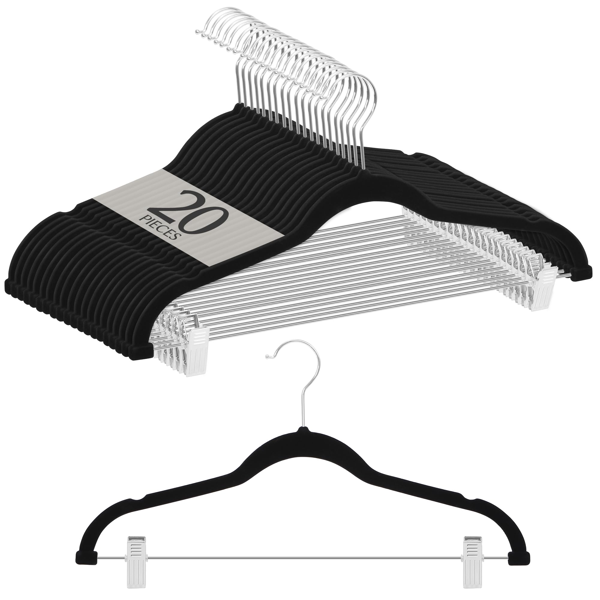 Titiroba Prevents Clothes from Losing 23AB167 (TITIROBA) Hanger, Non-Slip, Shape, Clip, Slim, Lightweight, Velvet, 20-Pack, Black, чёрный