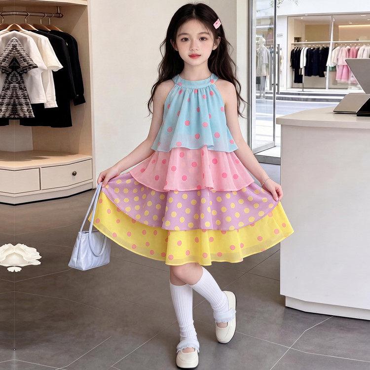 2026 Girls  Sleeveless Layered Polka Dot Summer Dress – Chic Mid-Length Princess Holiday Style 160 cm