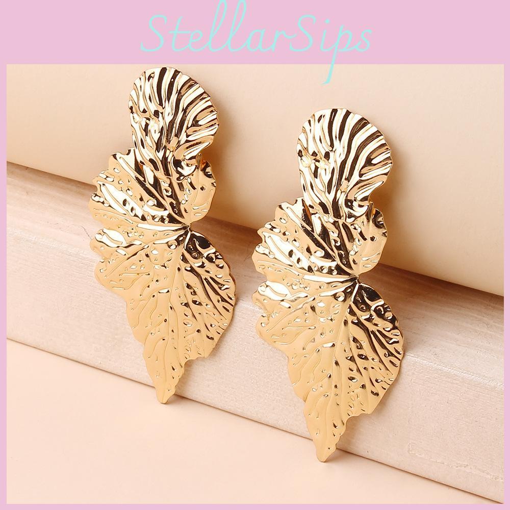 Metal Leaf Earrings With Gold Coating And Bold Design For Women