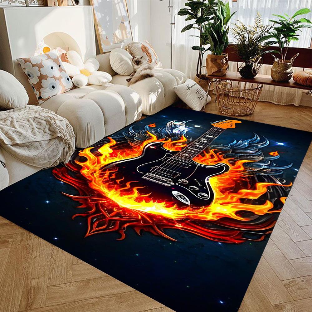 Guitar-Themed Carpet for Living Room Bedrooms Large Flannel Area Rug for Drum Kit Room Anti-slip Floor Mat Washable