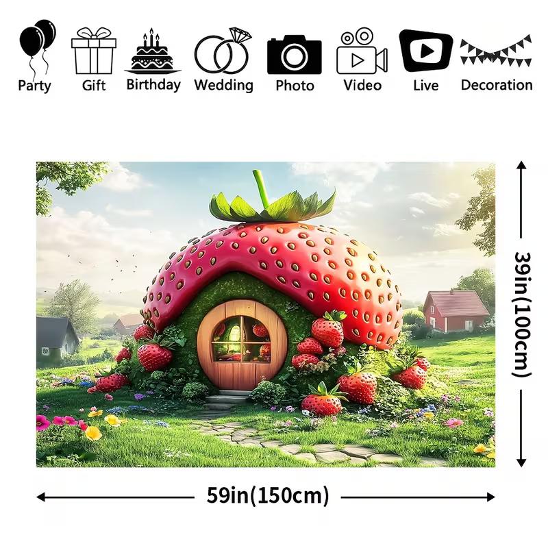 2D Enchanted Strawberry House Backdrop Spring Garden Party Background