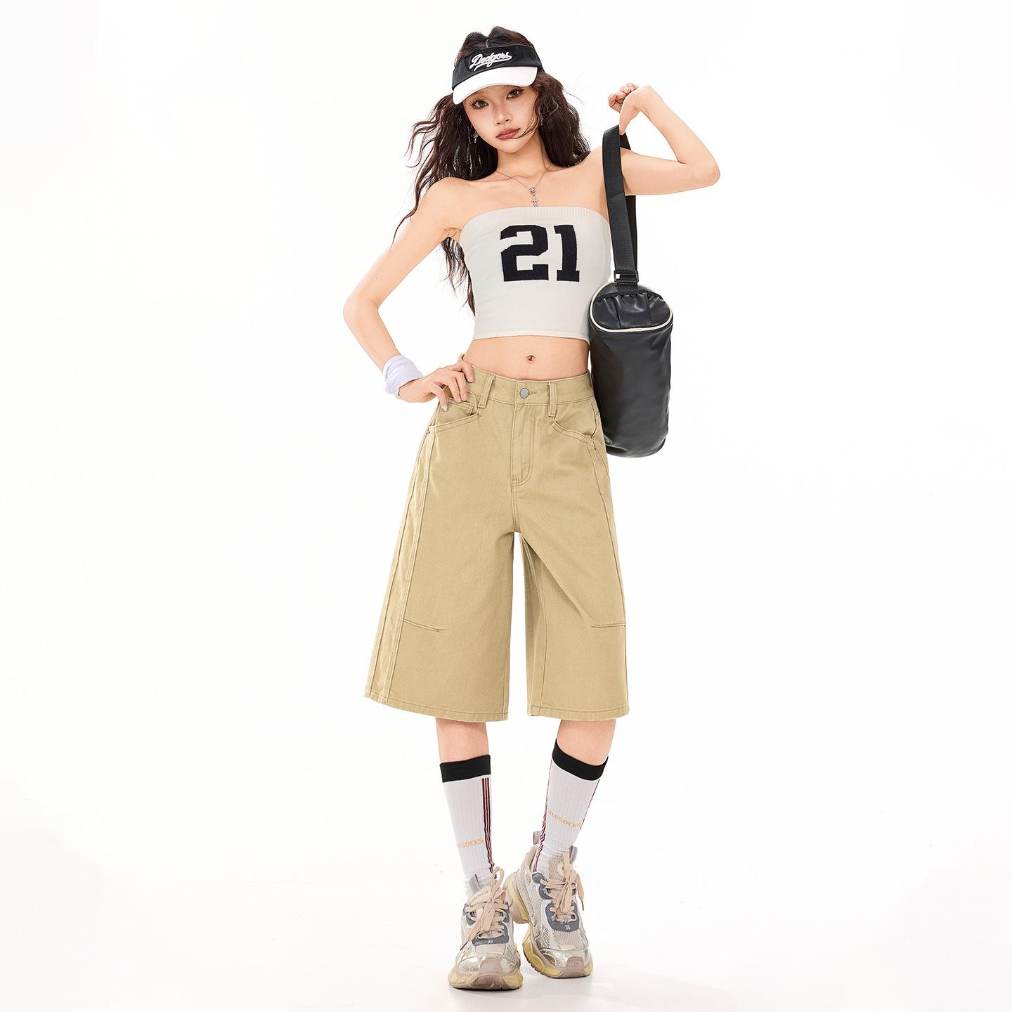 

Hong Kong-style retro khaki cropped jeans for women, 2026 spring-summer new loose wide-leg Korean-style mid-length pants XL хакі