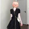 Women's Elegant Black Polka Dot Lace-up V-neck Dress - Summer 2026 Waist-cinching Slimming Short Skirt