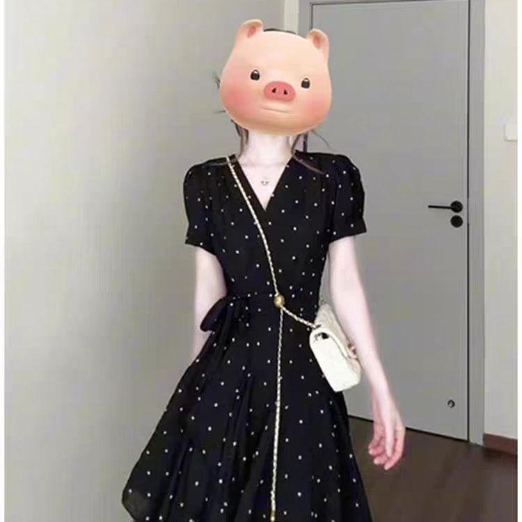 Women's Elegant Black Polka Dot Lace-up V-neck Dress - Summer 2026 Waist-cinching Slimming Short Skirt