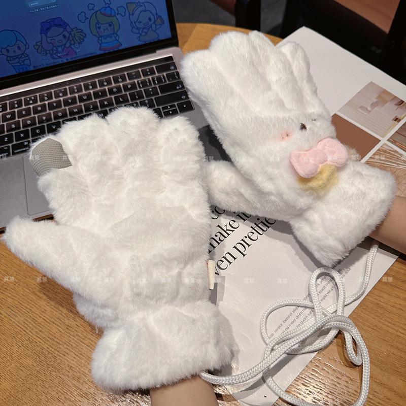 Cute plush five-finger gloves for women's season to keep warm, plush and thickened, cute students to keep out the wind and cold