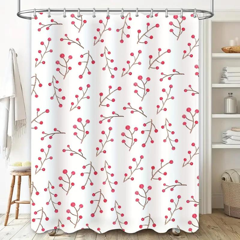 Modern Floral Print Waterproof Bath Curtains for Bathroom Decor Pink Berries Design Shower Curtain White Polyester Fabric Room D