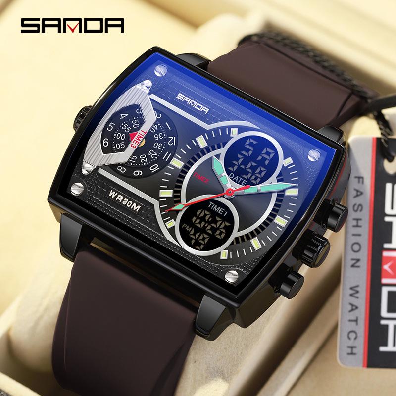 Sanda Fashionable Men's Square Multifunctional Waterproof Sports Quartz Watch