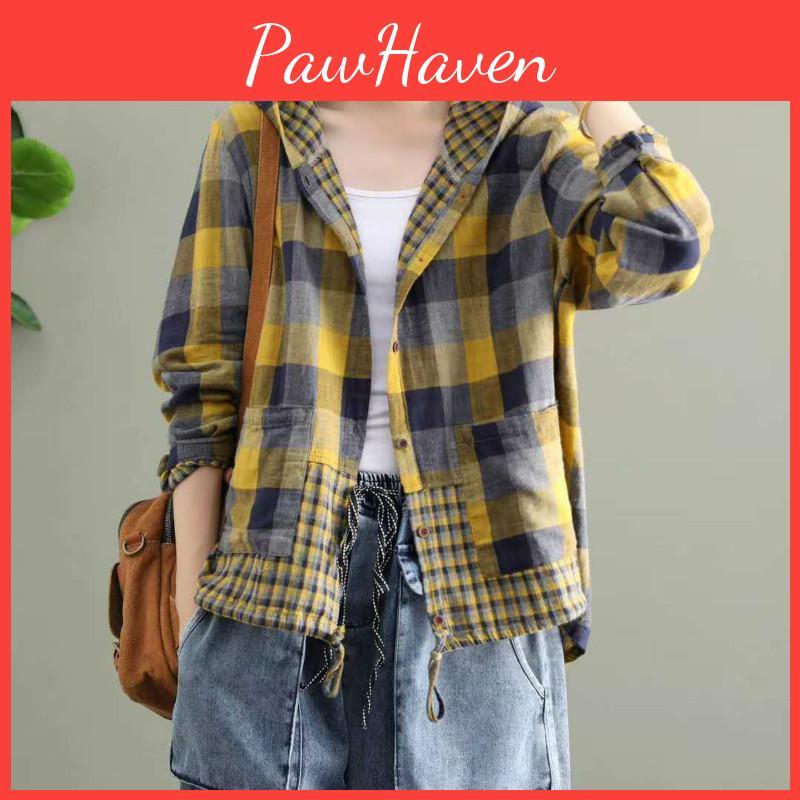Fashion Clothes Womens Spring Korean Plaid Hooded Shirts Ladies Linen Loose Blouses Female Casual Oversized