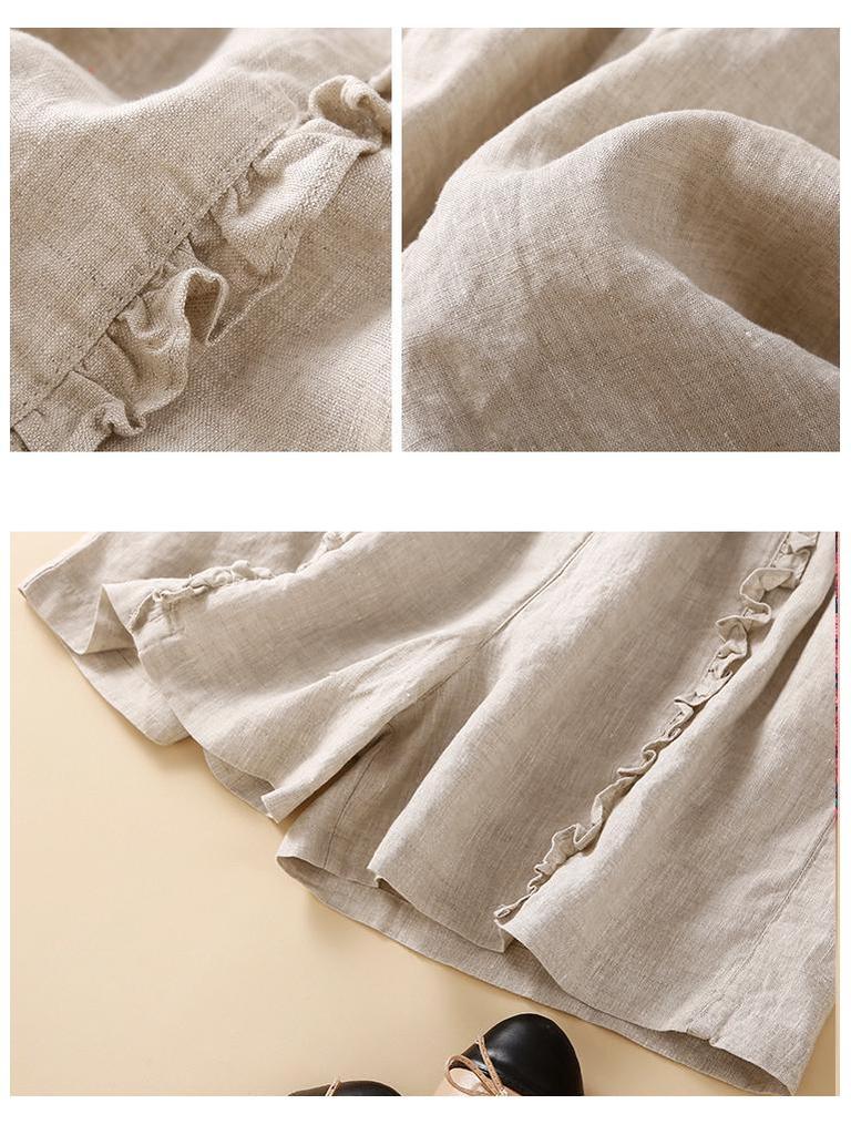 Women's Summer 2024 Retro Cotton Linen Ruffle Wide-Leg Shorts - Casual, Loose Mid-Length.