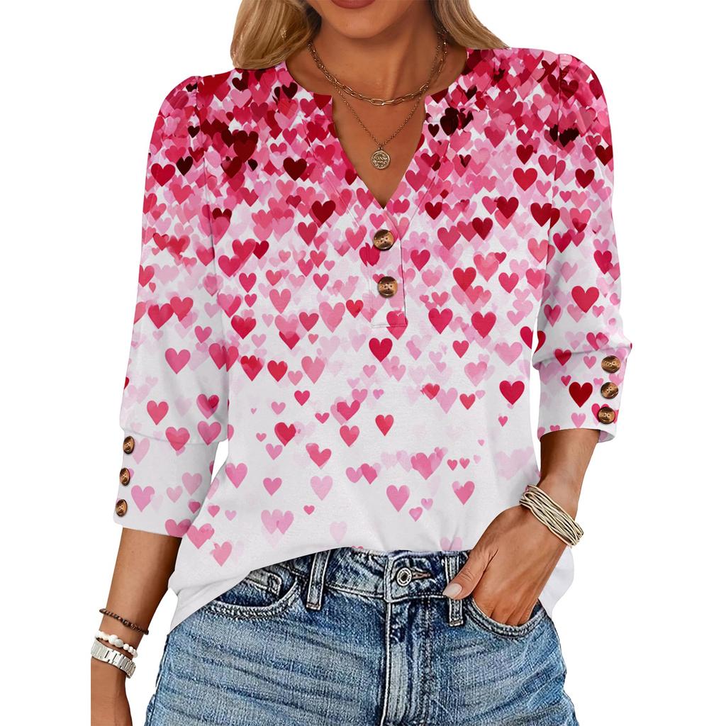 Women's Loose 7-inch Sleeve Top with Heart Print