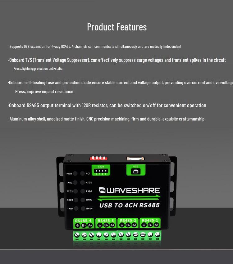 USB To 4-Port RS485 Converter with Metal Casing and Multi-Protection for Simultaneous Independent Serial Communication