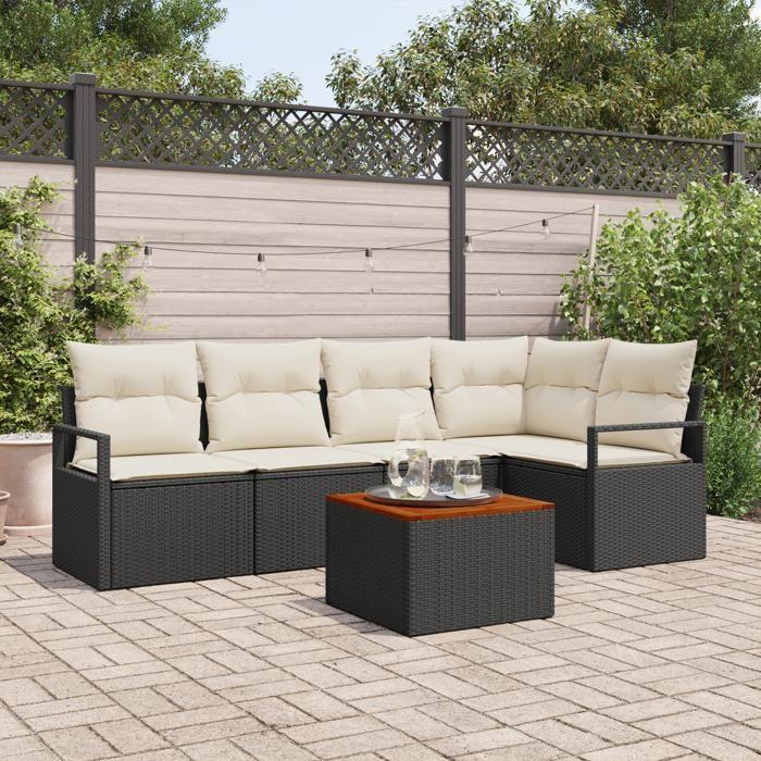 Ensemble de Canapés de Jardin 6 Pièces avec Coussins Noir en Rattan Poly, Canapé de Jardin 2 Places avec Rangement 3356374