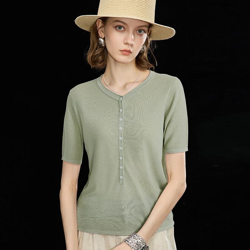 Wudao Women's Tencel Linen Blend Half-Placket Knit T-Shirt