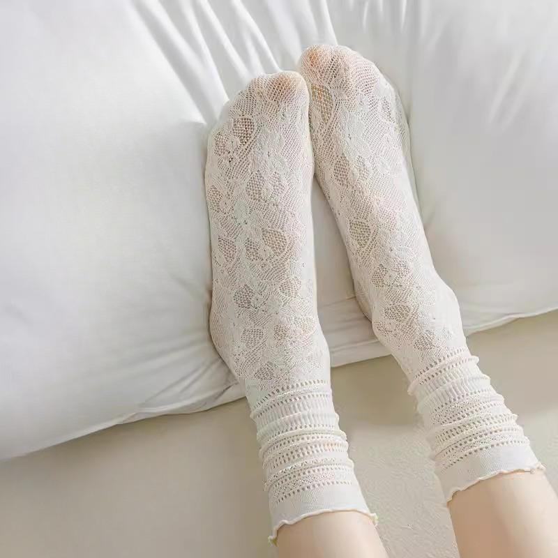 White Pile Hollow Mid-calf Socks, Thin Socks, Ice Socks, Thin Socks, Lace Socks, Mesh Lace, Summer