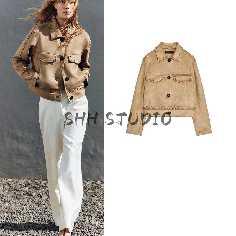 Spring Women clothes Lapel Long sleeve Woven Details Decorative Suede Texture Effect Jacket 6318037