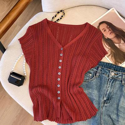 Summer Petite V-Neck Ice Silk Hollow Out Knitwear Top - Women's Short-Sleeve Slimming T-Shirt