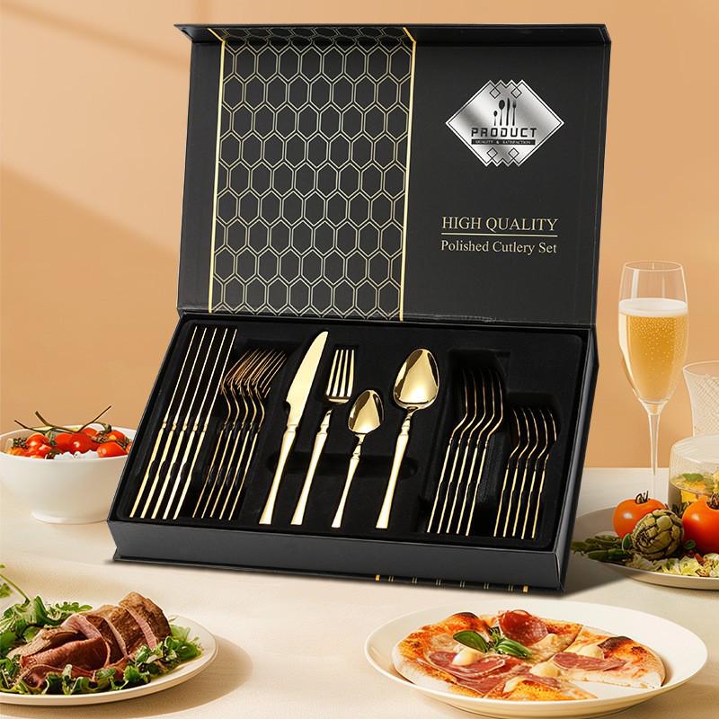 Stainless Steel Cutlery Set: 24-Piece Small Waist Gift Box with Steak Knife, Fork, and Spoon for Hotels 24-Piece Set Black Flip Box - Silver