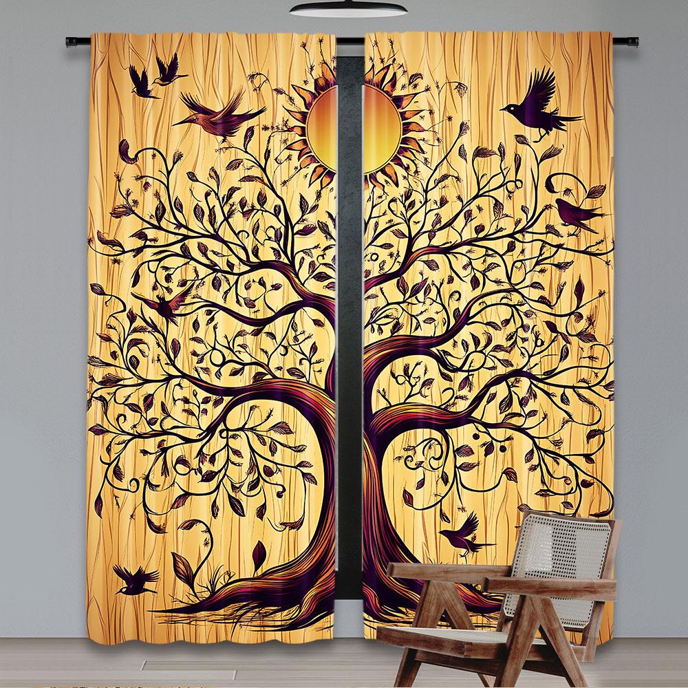 2Pcs Ethnic Curtain Vintage Tree Of Life Sun And Birds Animals On Branches Enchanted Suitable For Bedroom Living Room Dining